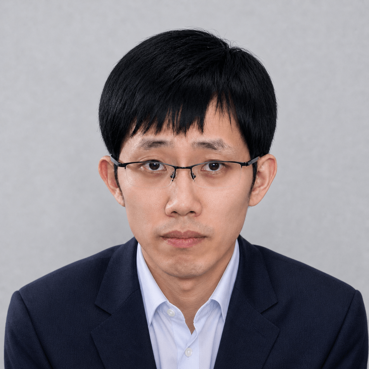 梁文锋最弱档原始写真：黑色短发、眼镜、深蓝西装和白衬衫